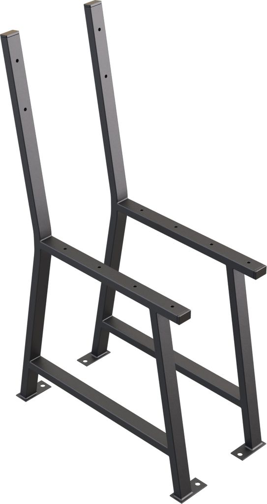 A black metal frame for a bench, shown from a diagonal angle against a white background.
