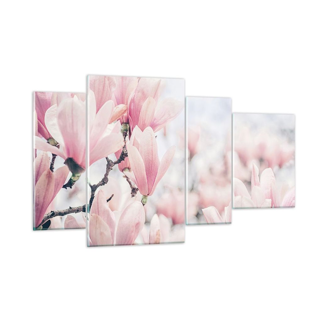 Bilder auf glas - 4 Teile - Magnolie Blumen Rosa - 120x70cm - Glasbilder - Wandbilder - Bilder - zum Aufhängen bereit - Wanddekoration aus Glas - ...