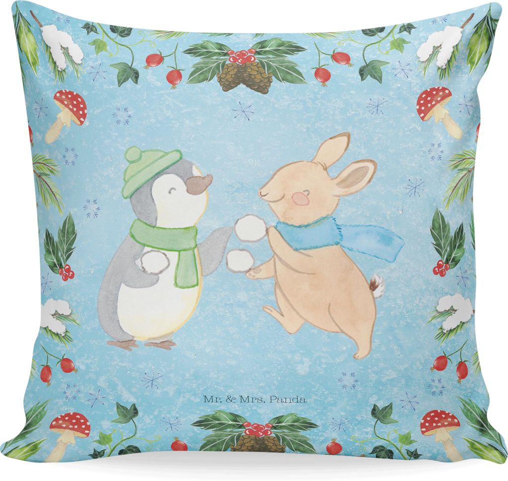 Mr. & Mrs. Panda Dekokissen Pinguin Hase Schneeballschlacht - Eisblau - Geschenk, Kuschel Kissen, 40x40, Kopfkissen, Nikolaus, kuschelkissen, Deko