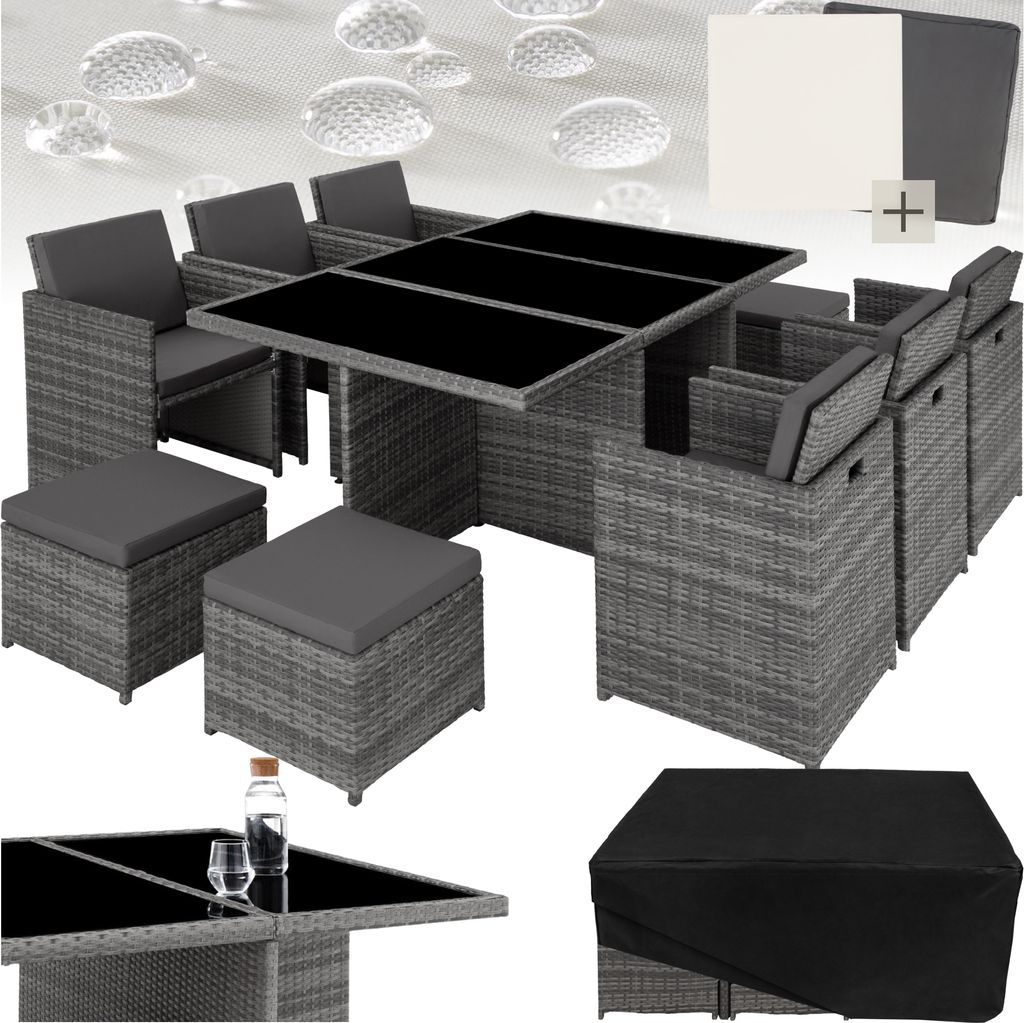 A collection of images showcasing a rattan furniture set, including chairs, a table, ottomans, and a cover, with water droplet graphics in the background.