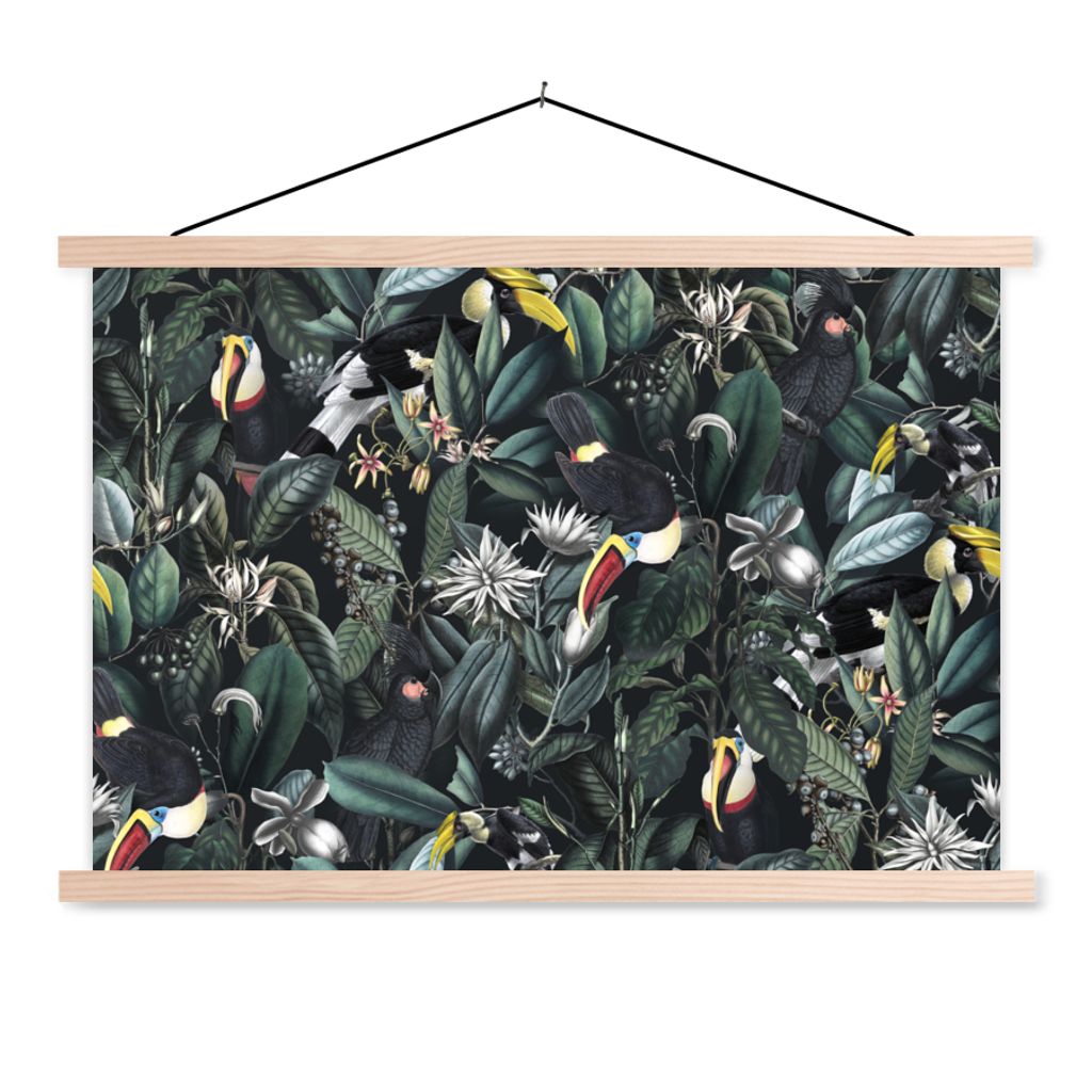 MuchoWow Textilposter Blumen - Tukan - Blätter 120x80 cm mit holzfarbenen Rahmen - Aufhängeset