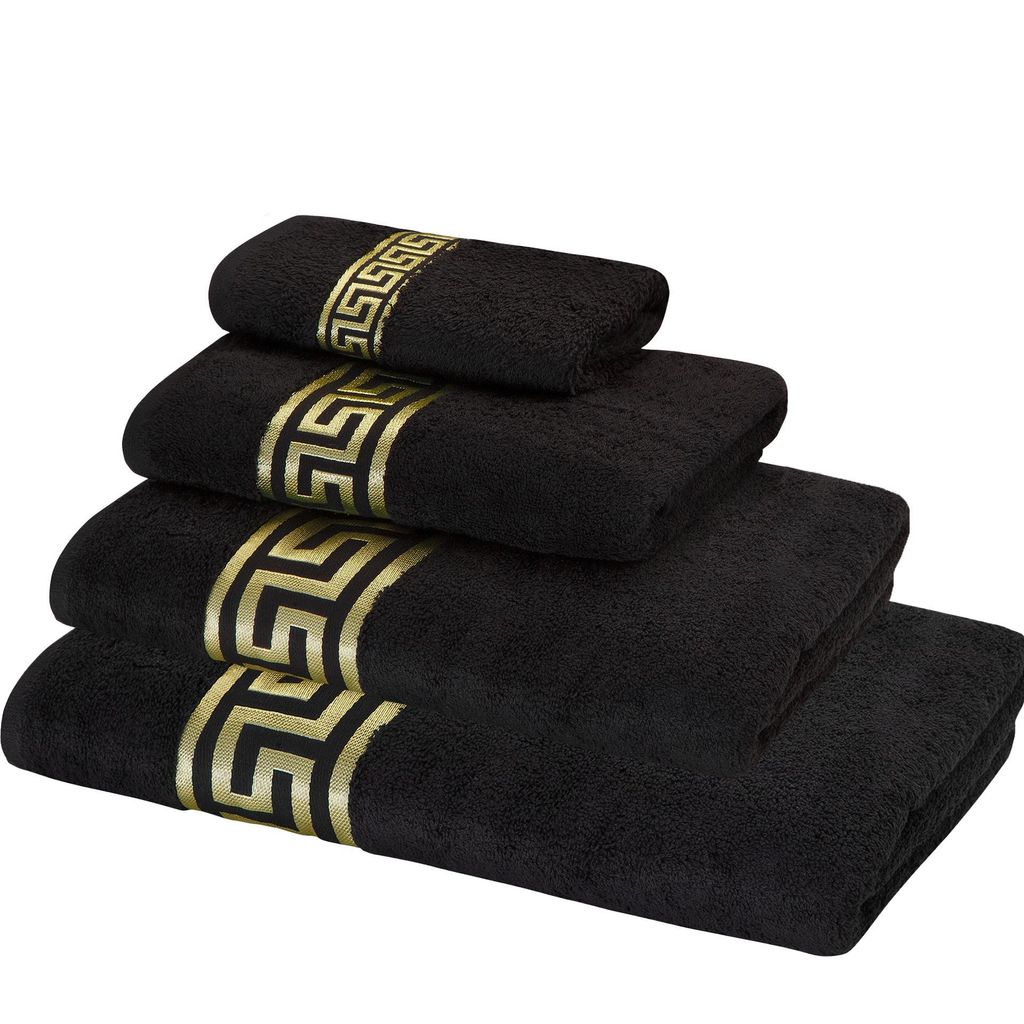 4er SET - Mäander Handtücher Schwarz-Gold - 30x50 + 50x100 +70x140 + 100x150 cm