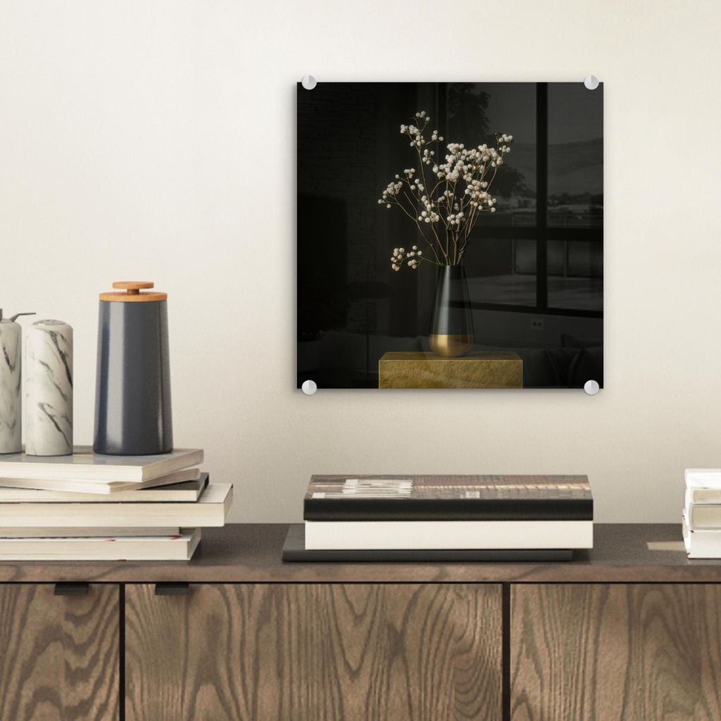 MuchoWow Glasbilder - Bilder auf Wandbild - Foto auf Glas Blumenzwiebeln - Weiß - Vase - Minimalistisch 40x40 cm Wanddekoration aus Glas - Acrylgl...