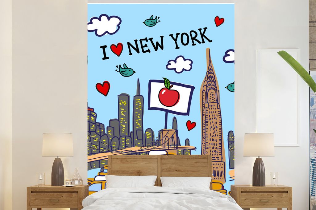MuchoWow Fototapete für Wohnzimmer oder Schlafzimmer Wandtapete Vinyl Motivtapete New York - Zeichnung - Taxi - 160x240 cm - Vinyltapete