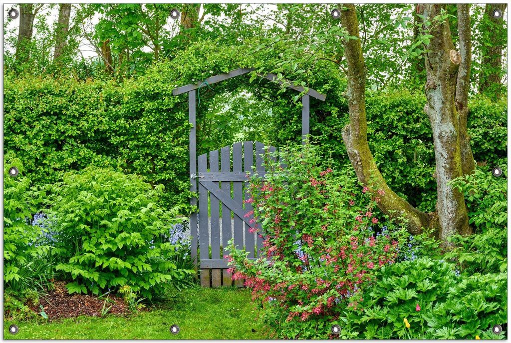 Wallario Outdoor-Poster für Garten oder Balkon, Motiv Gartentor ins Grüne, in ca. 100 x 150 cm