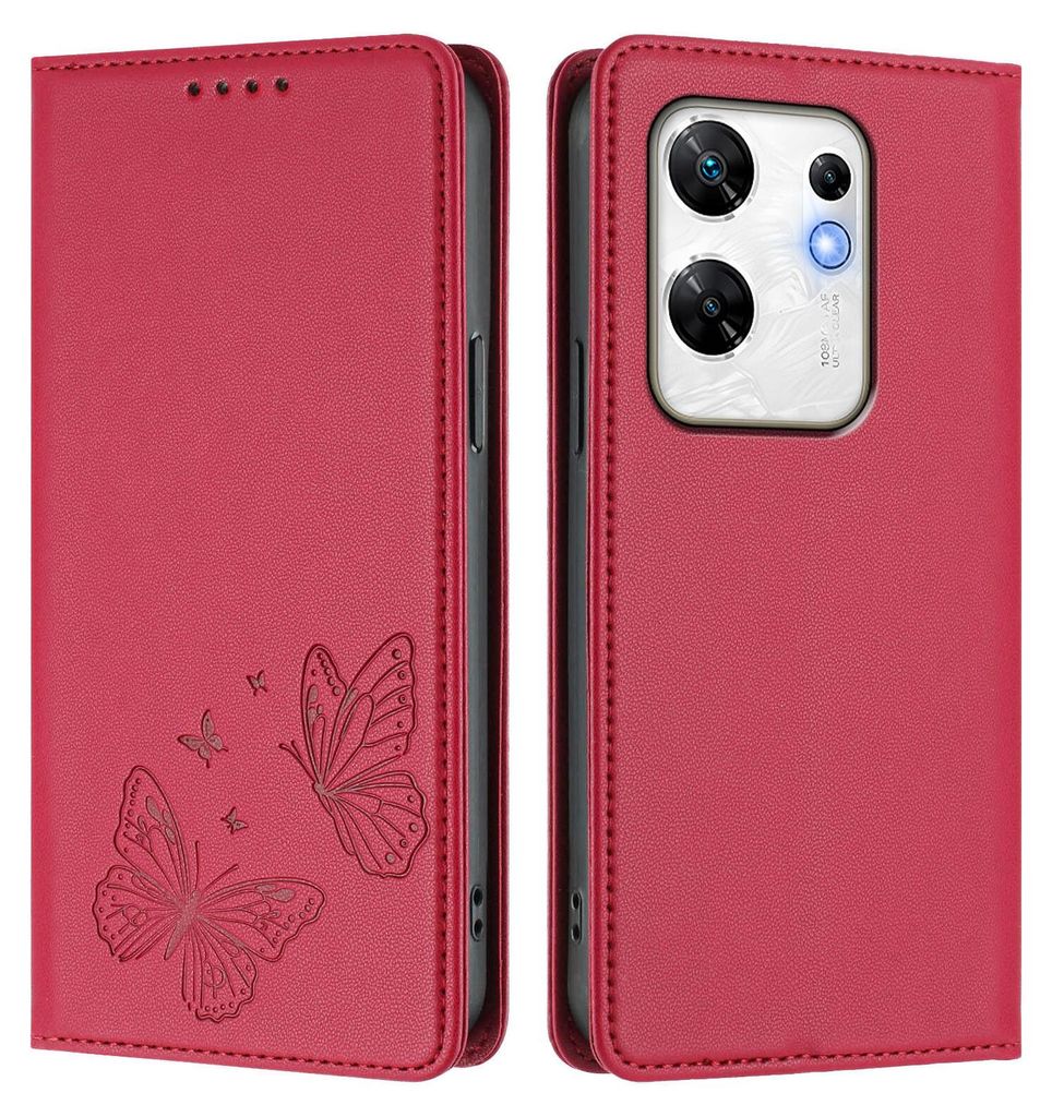 Lederhülle für Infinix Zero 30 4G, Schmetterling Prägung Leder Brieftasche Schutzhülle mit Ständer Rot