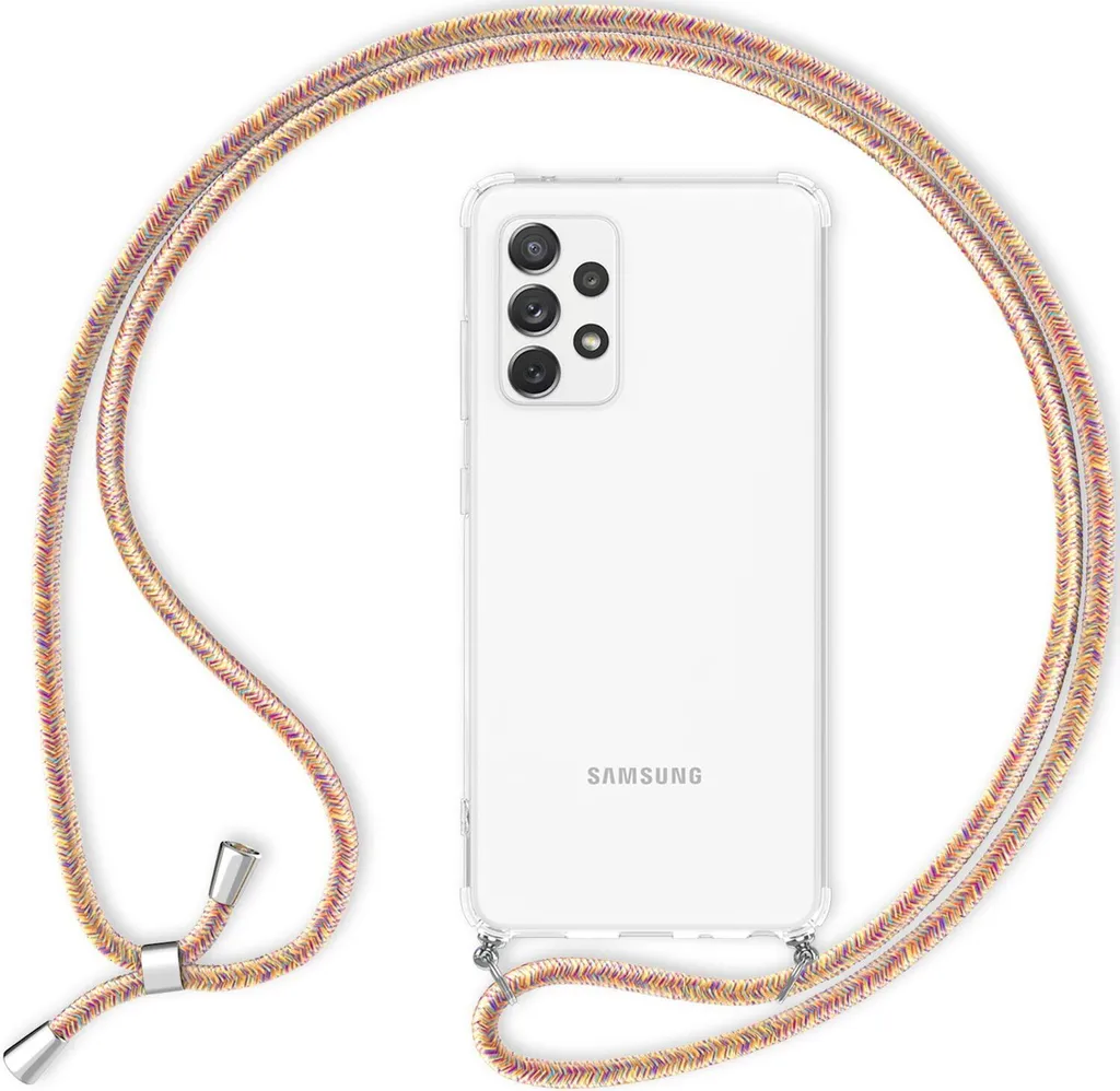 Custodia per cellulare NALIA con catenella per Samsung Galaxy A53, custodia protettiva trasparente e cordino per cellulare da appendere al collo, robusta custodia trasparente non ingiallente, rigida e cornice in silicone arcobaleno