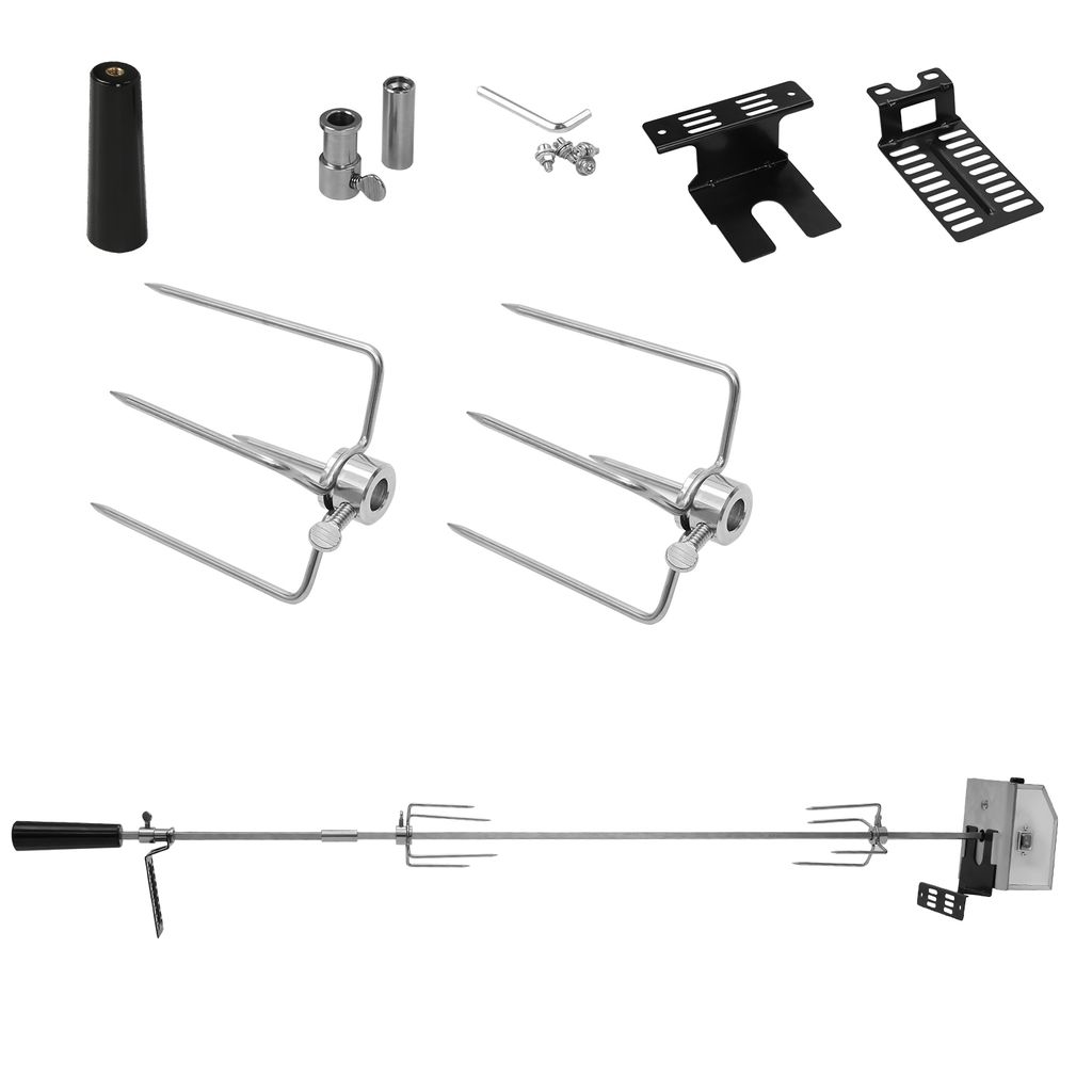 TolleTour Edelstahl Grillspieß Set 107cm BBQ Fleischklammer mit Motor inkl. 2X Fleischnadeln, 220V - 240V, Elektrischer Drehspieß, Rotisserie, Dr...