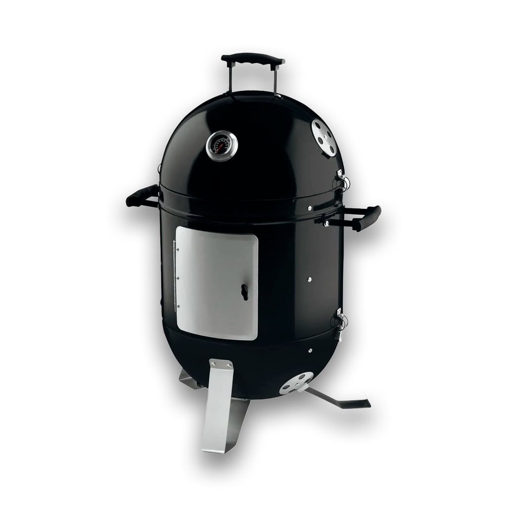A black smoker grill with silver accents on a white background.