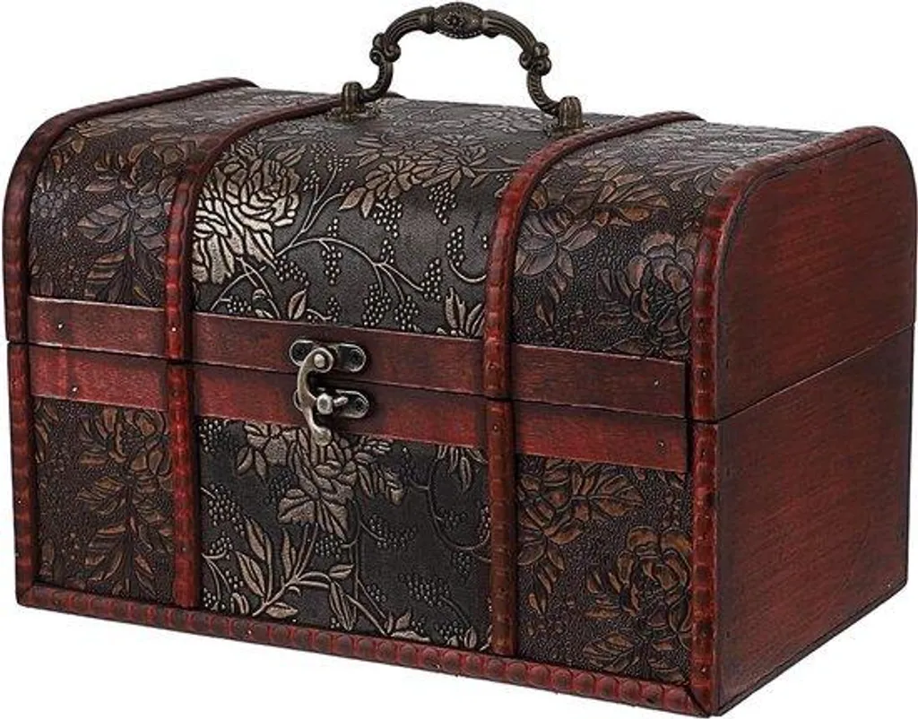 Coffre à trésor pirate bois vintage avec motifs floraux sculptés - 25cm