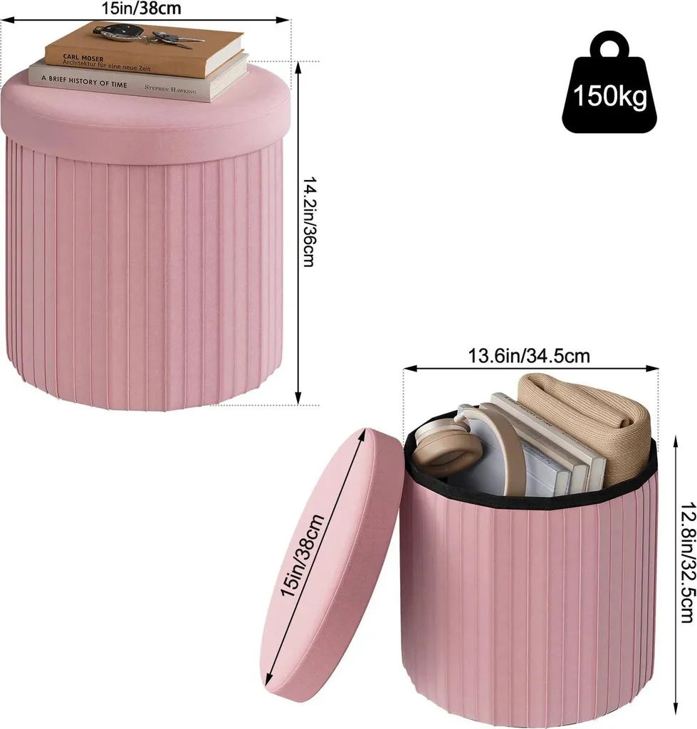 Pouf Rotondo Velluto Rosa con Contenitore - Sgabello Pieghevole Glamour
