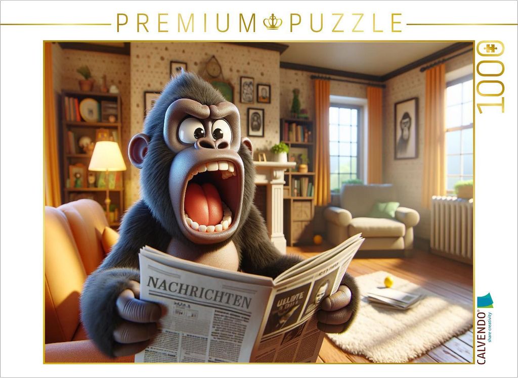 CALVENDO Puzzle Zeitungsfrust statt Morgenlektüre: Ein Gorilla und sein lauter Start in den Tag | 1000 Teile Lege-Größe 64x48cm Foto-Puzzle für...