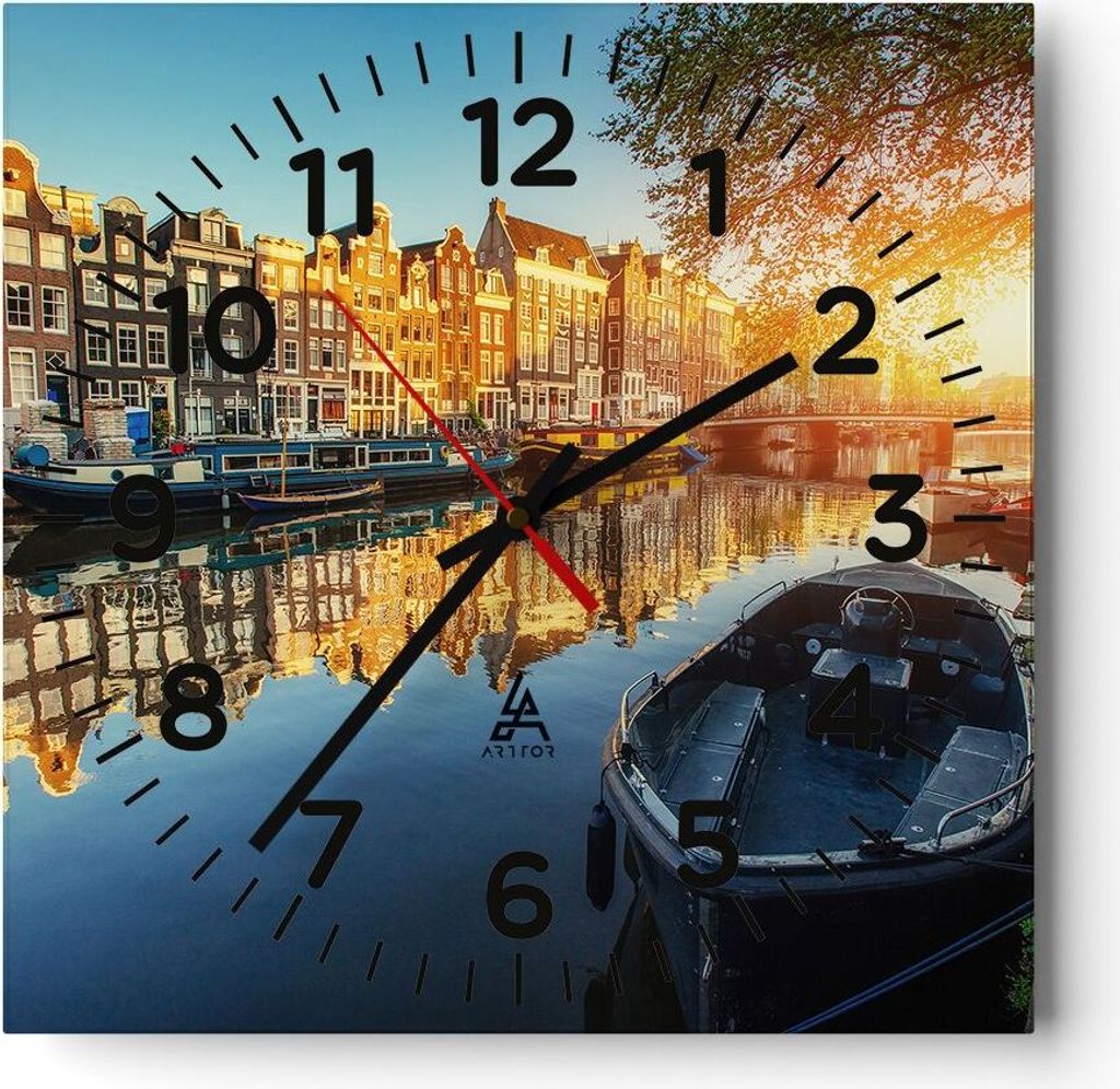 Wanduhr - Quadrat - Glasuhr - Kanal Boot Amsterdam Wasser - 40x40cm - Schleichendes Uhrwerk - Lautlos - zum Aufhängen bereit - Dekoration Modern -...
