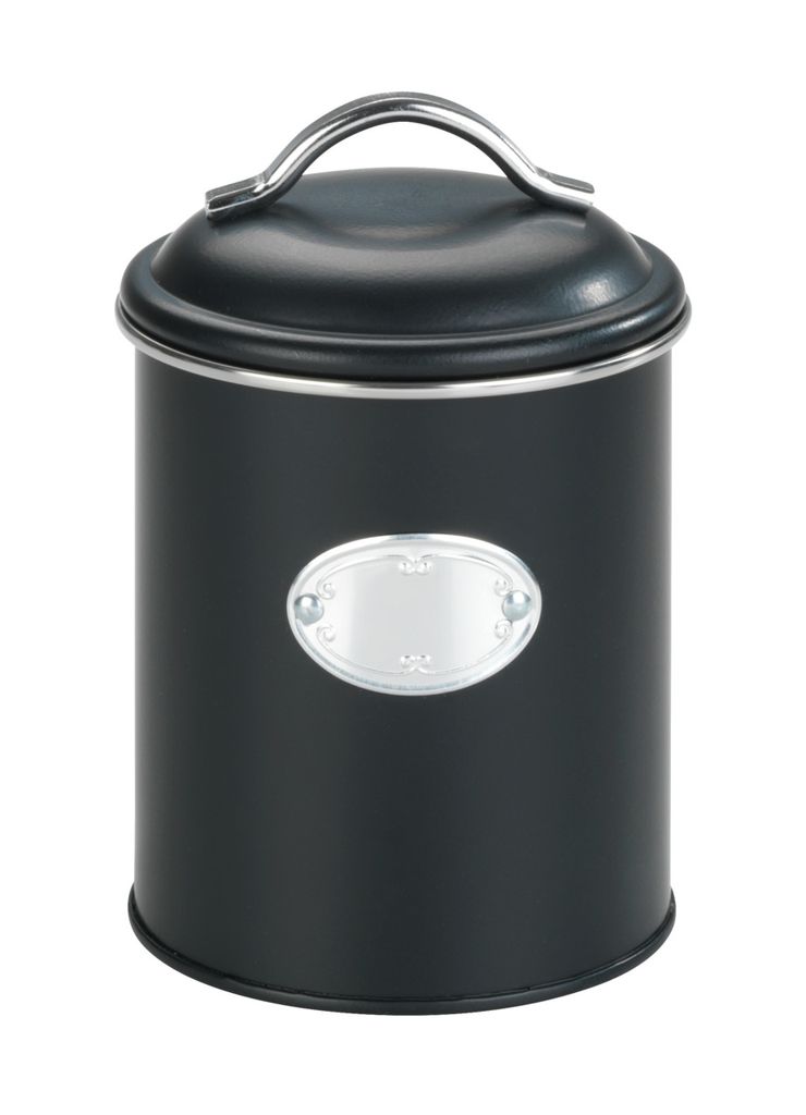 A black storage tin with a silver label and handle, shown against a white background.