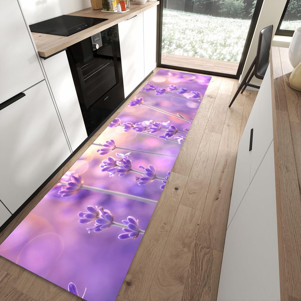 Küchenteppich 80x300cm rutschfest & abwischbar PVC Läufer - Lavendelblütenfeld