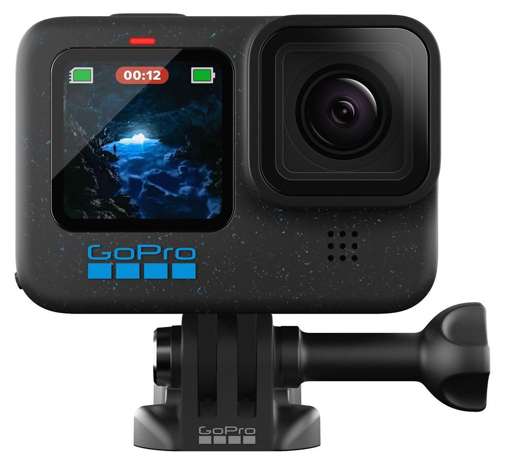 A GoPro HERO12 Black action camera is shown from the front, mounted on a black GoPro mount.