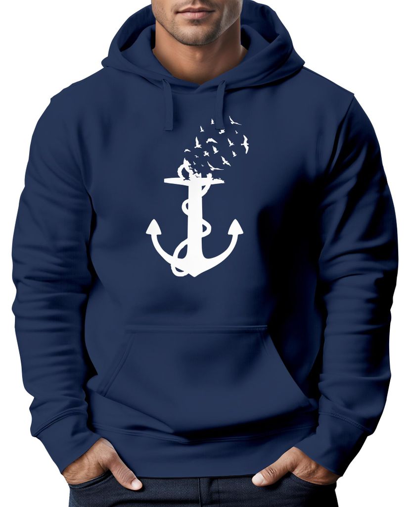 Hoodie Herren Anker-Motiv Vögel Print Aufdruck Maritim Nordisch Bedruckt Kapuzen-Pullover Moonworks navy XS