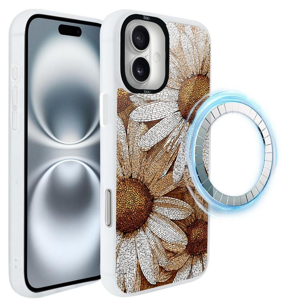 Schutzhülle für das iPhone 16 Plus, MagSafe-kompatibel, mattweiße Seiten, Mosaik, Kamille
