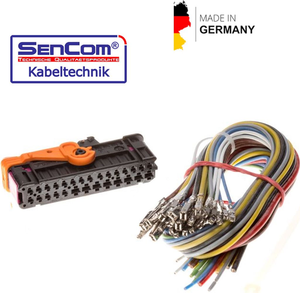 A product image showing a car connector and a bundle of wires, with brand logos and country of origin.