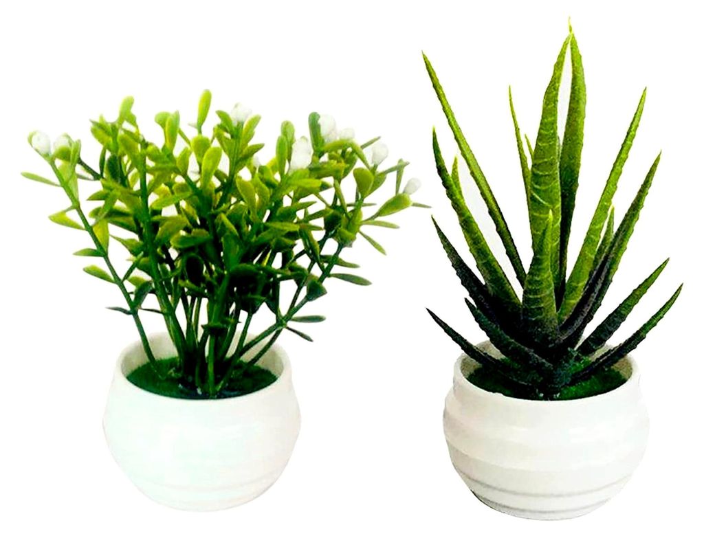 Gartenzwerge, kleines 2-teiliges Set, künstliche Topfpflanzen, grün, dekorativ mit weißem Kunststofftopf für die Heimdekoration und Osterdekora...