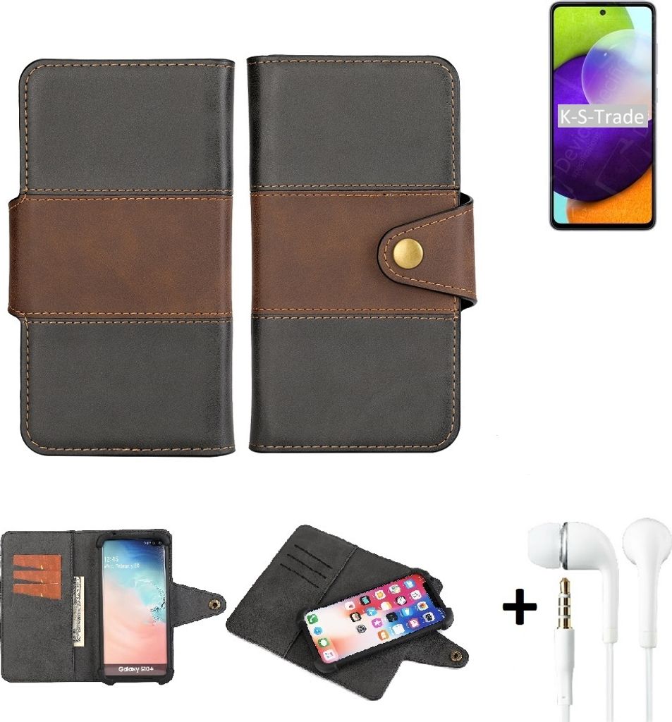 K-S-Trade Handyhülle Schutzhülle Bookstyle Wallet-Case kompatibel mit Samsung Galaxy A52 + earphones Bumper rundumschutz schwarz-braun 1x