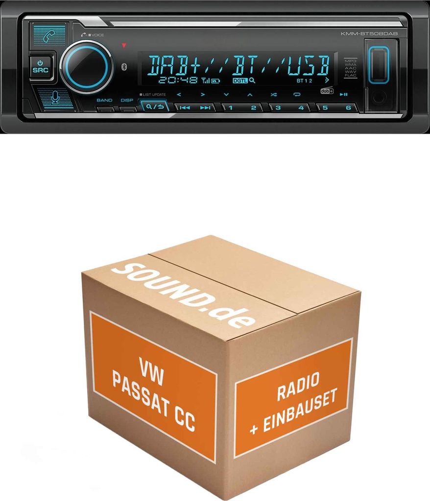 Autoradio Einbaupaket Kenwood KMM BT508DAB passend für Passat CC + Lenkradfernbedienung, Rückfahrkamera, Linien beweglich | Bluetooth Telefoniere...