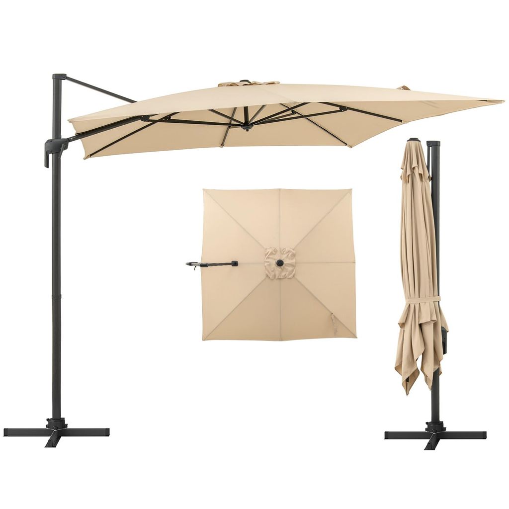 COSTWAY Sonnenschirm 300x300cm, Ampelschirm mit Kurbel, Gartenschirm neigbar, 360° drehbar, Terrassenschirm Marktschirm quadratisch Beige