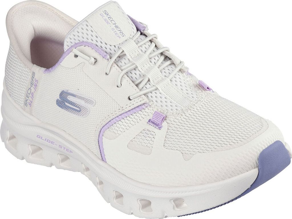 A white and purple Skechers women's sneaker is shown against a white background.