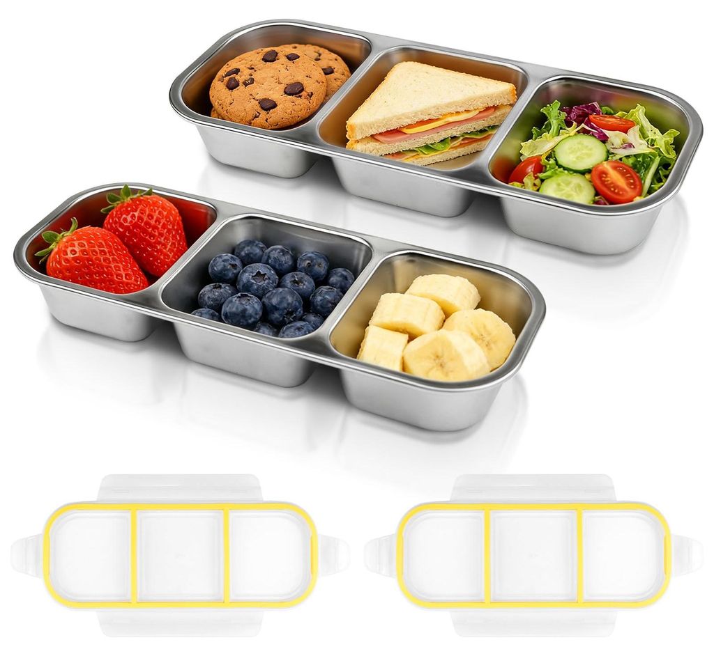 Snackbox aus Edelstahl mit Fächern, 2er-Set Bento-Boxen – Auslaufsichere Snackbox mit Deckel und 3 Fächern, Kinder-Lunchbox für Schule, Snacks...