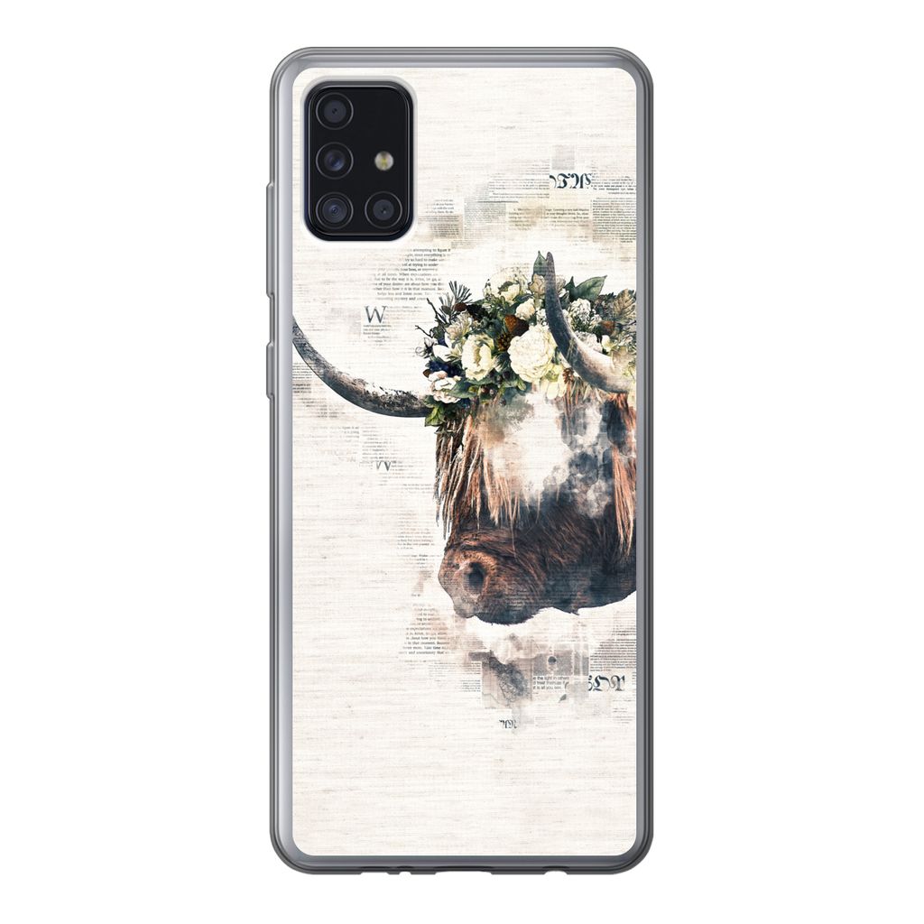MuchoWow Handyhülle Schutzhülle Hülle für Samsung Galaxy A52 5G Schottischer Highlander - Rauch - Blumen Silikon Softcase Handy Hülle - Umsc...