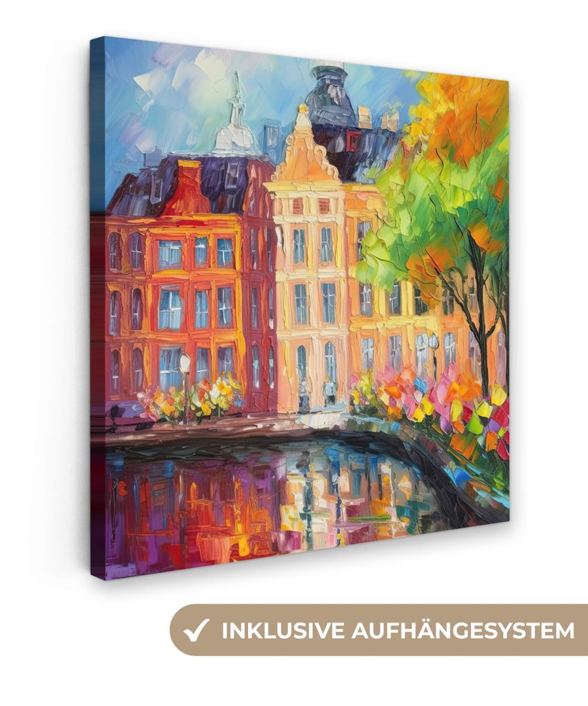 MuchoWow - Leinwandbilder - Ölgemälde - Amsterdam - Kunst - Farbenfroh, Wandbild, Wanddeko Bilder Wohnzimmer, 90x90 cm