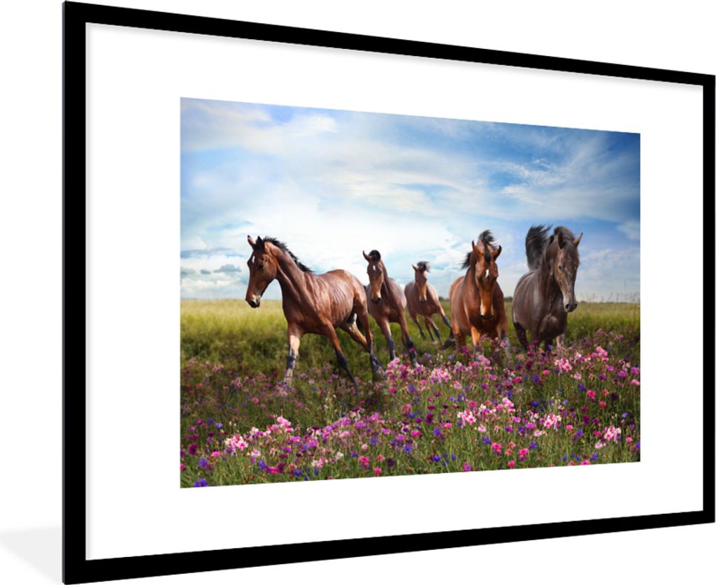 MuchoWow MuchoWow Gerahmtes Poster Pferde - Blumen - Rosa 90x60 cm - Poster mit zchwarzem Bilderrahmen - Wanddekoration - Fotos