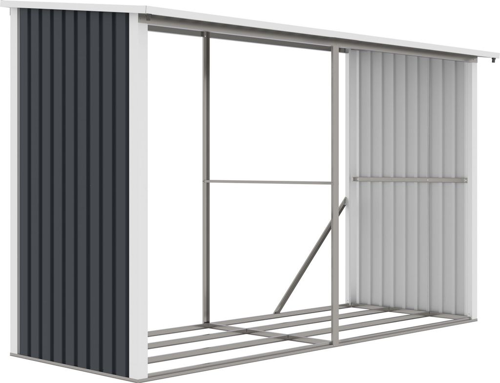 An empty metal firewood storage rack with a dark gray side panel.