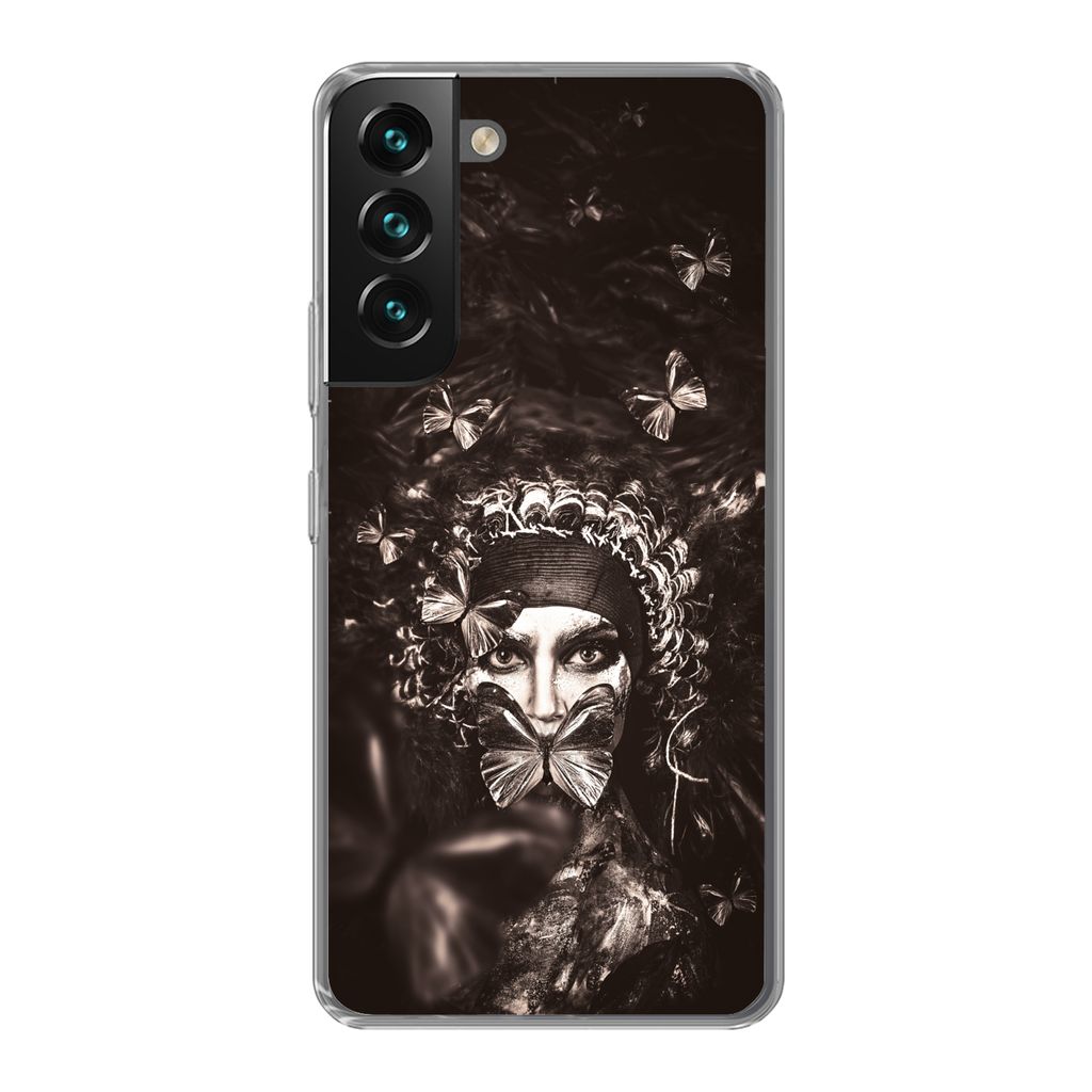 MuchoWow Handyhülle Schutzhülle Hülle für Samsung Galaxy S22 Plus Frau - Schmetterling - Schwarz - Weiß Silikon Softcase Handy Hülle - Schu...