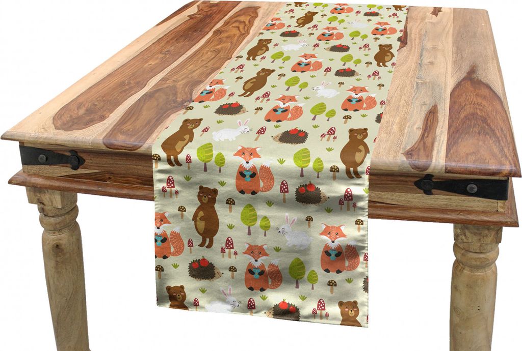 ABAKUHAUS Gekritzel Tischläufer, Happy Fun Waldtiere, Esszimmer Küche Rechteckiger Dekorativer Tischläufer, 40 x 225 cm, Mehrfarbig