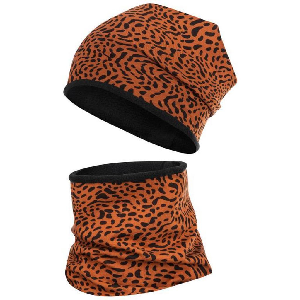 Wintermütze + Schlauchschal Winterset Beanie Snood Fleece, Rostbraun-Leo, Gr. 50-52