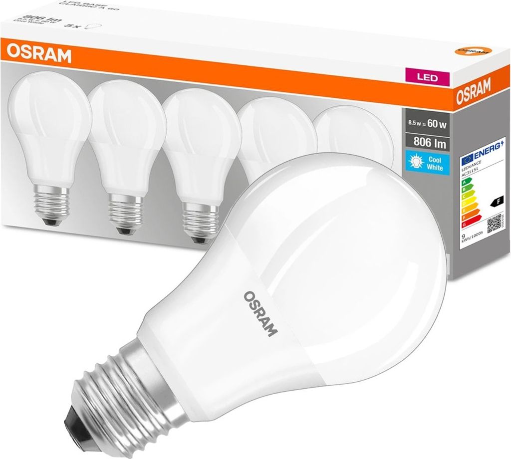 A pack of OSRAM LED light bulbs is shown, with one bulb prominently displayed in the foreground.