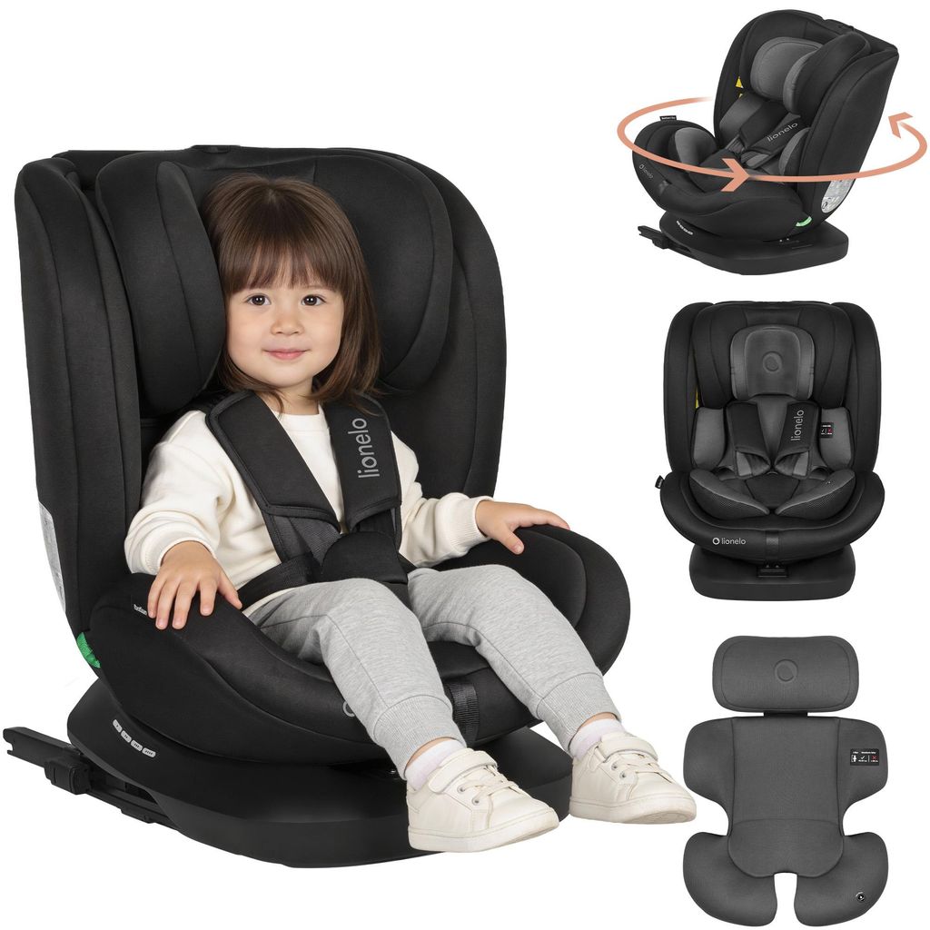 A child is sitting in a black car seat, with additional images of the car seat shown separately.