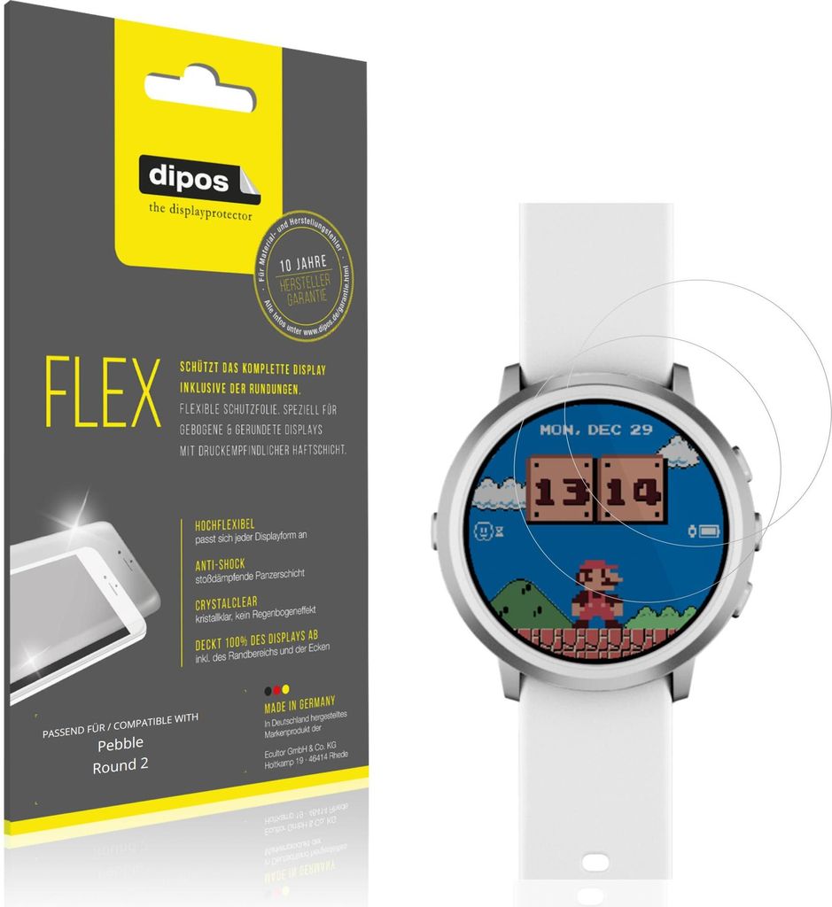 2x Schutzfolie für Pebble Round 2 Folie, 100% Displayabdeckung, dipos Flex