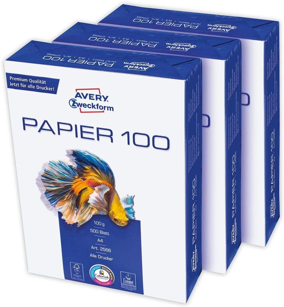 AVERY Zweckform 2566 Drucker-/Kopierpapier (1.500 Blatt, 100 g/m², DIN A4 Papier, hochweiß, für alle Drucker) 1 Box mit 3 Pack