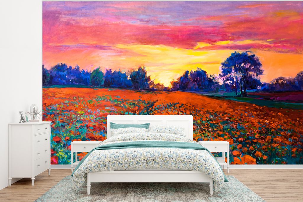 MuchoWow Fototapete für Wohnzimmer oder Schlafzimmer Wandtapete Vinyl Motivtapete Malerei - Natur - Blumen - Ölfarbe - 350x260 cm - Wohnzimmer-...