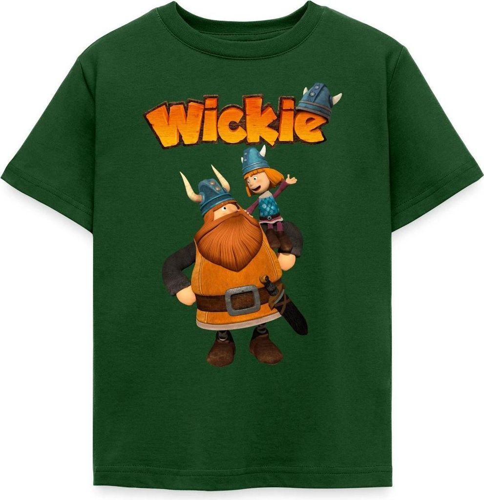 Spreadshirt Wickie Und Die Starken Männer Wickie Mit Papa Halvar Kinder T-Shirt, 110/116 (5-6 Jahre), Forstgrün