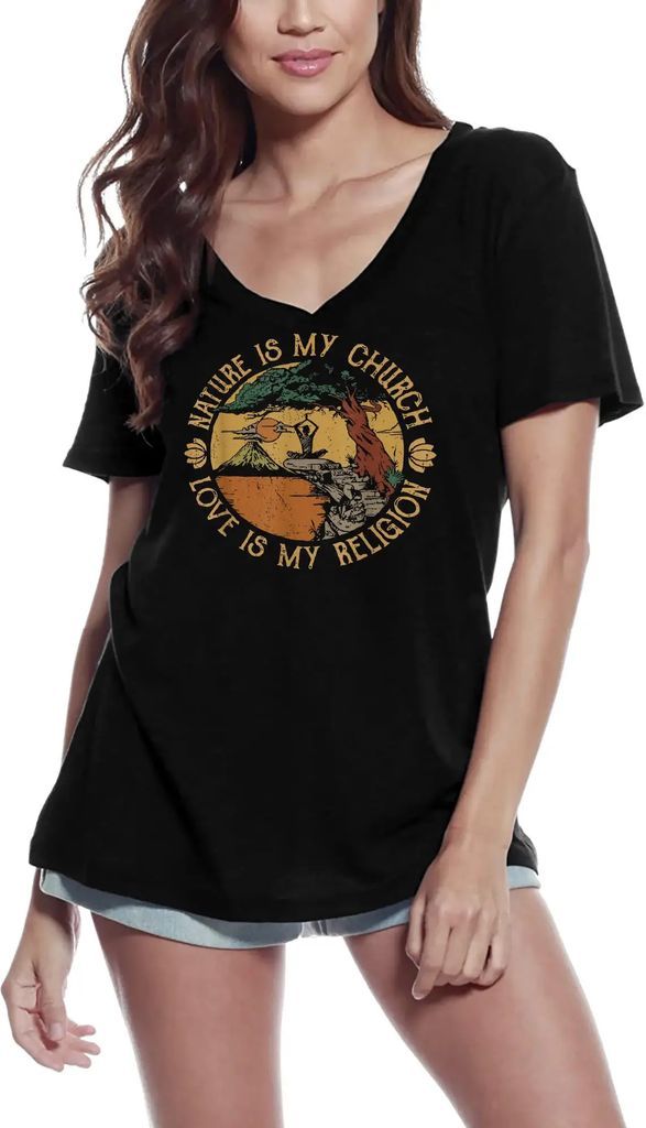 Damen Grafik T-Shirt V-Ausschnitt Die Natur ist meine Kirche Liebe ist meine Religion Yoga Frieden – Nature Is My Church Love Is My Religion Yoga