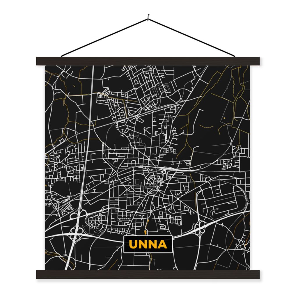 MuchoWow Textilposter Schwarz und Gold - Stadtplan - Unna - Deutschland - Karte 90x90 cm mit schwarzem Rahmen - Magnetisches