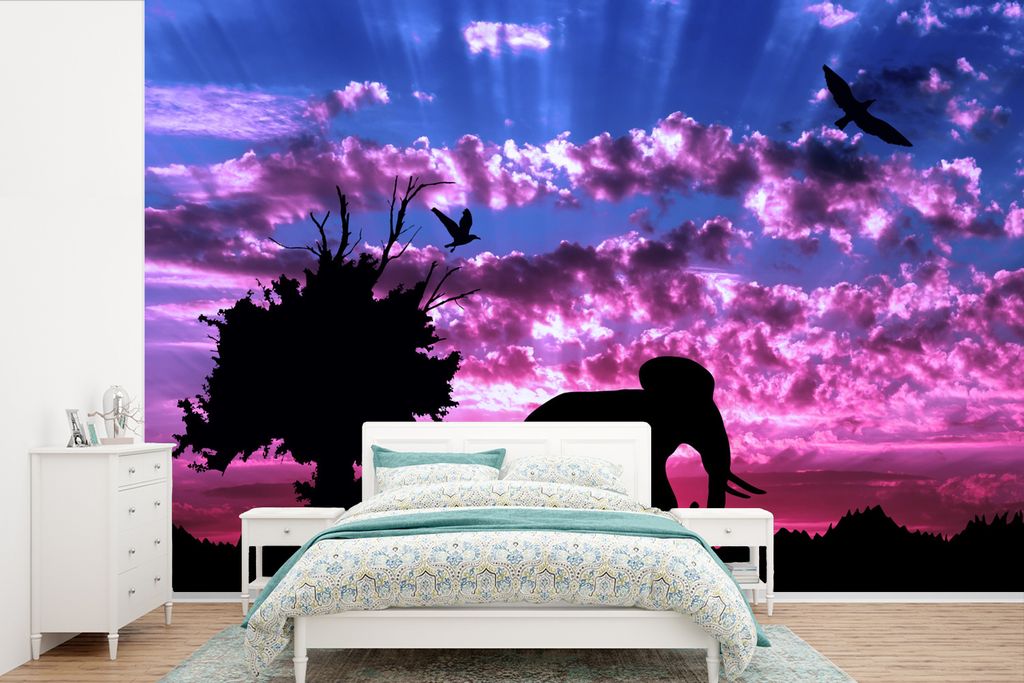 MuchoWow Fototapete für Wohnzimmer oder Schlafzimmer Wandtapete Vinyl Motivtapete Elefant - Vogel - Baum - 525x350 cm - Das Hintergrundbild