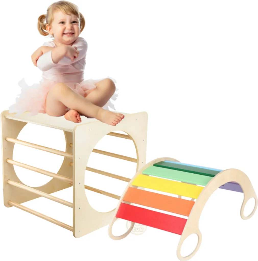 Set Montessori 5in1: Cubo e Altalena in Legno Naturale per Motricità