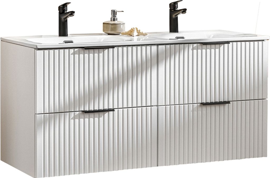 Waschtisch 121cm mit Keramik-Waschbecken, weiß, Front gerillt, ADELAIDE-56-WHITE
