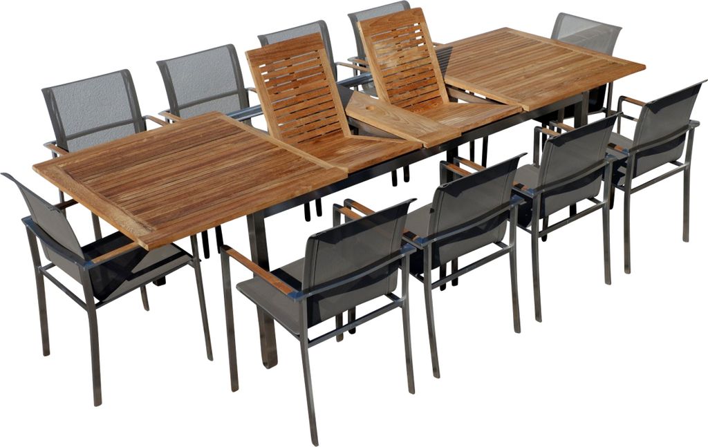 ALEOS. Gartengarnitur Edelstahl Batyline A-Grade Teak Holz Set Ausziehtisch 200-240-280 x 100 cm + 10 Sessel mit Batyline Bespannung Serie KUBA-BRA...