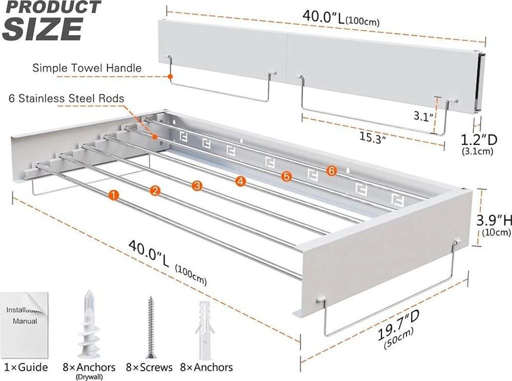 Wandmontierter Wäschetrockner - Ausziehbar und klappbar - 100 cm Breite - 6 Stangen - Aluminiumlegierung - Für innen
