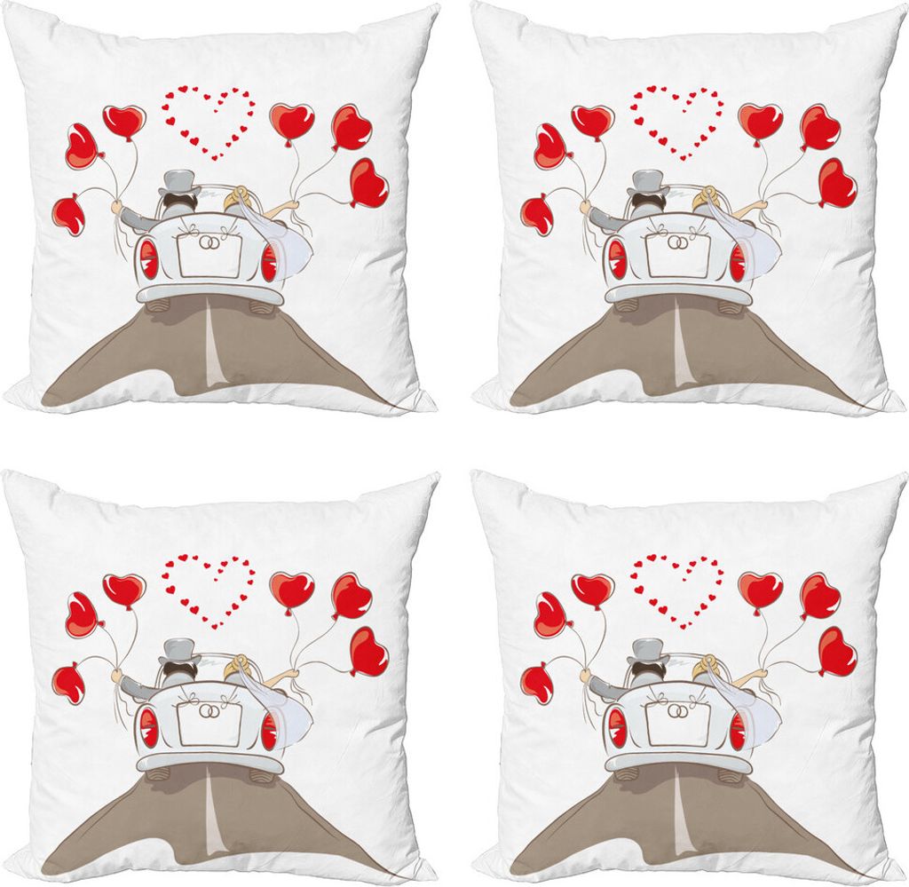 ABAKUHAUS Hochzeit Kissenbezug Set (4 Stück), Frisch verheirateten Paar in Auto, Moderner Doppelseitiger Digitaldruck, 45 cm x 45 cm, Rot Taupe Weiß